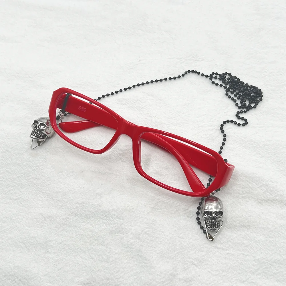 

Anime Black Butler Cosplay Grell Sutcliff Glasses Red Eyeglass Frame Chain Protection Skull Eyewear Accessory Punk Skeleton Prop