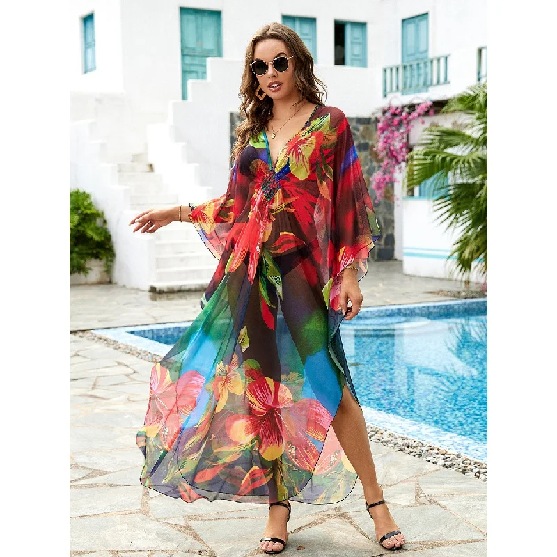 Robe de plage en maille à fleurs pour femmes, cover-up sexy pour maillots de bain, kaftan transparent pour les vacances, offre spéciale, livraison directe