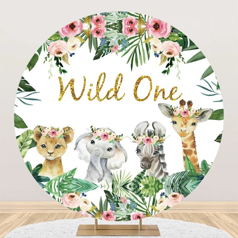 Wild One Jungle Safari Round Backdrop Cover Forest Animals Girl Boy 1st Birthday Party Baby Shower Circle Photography Background