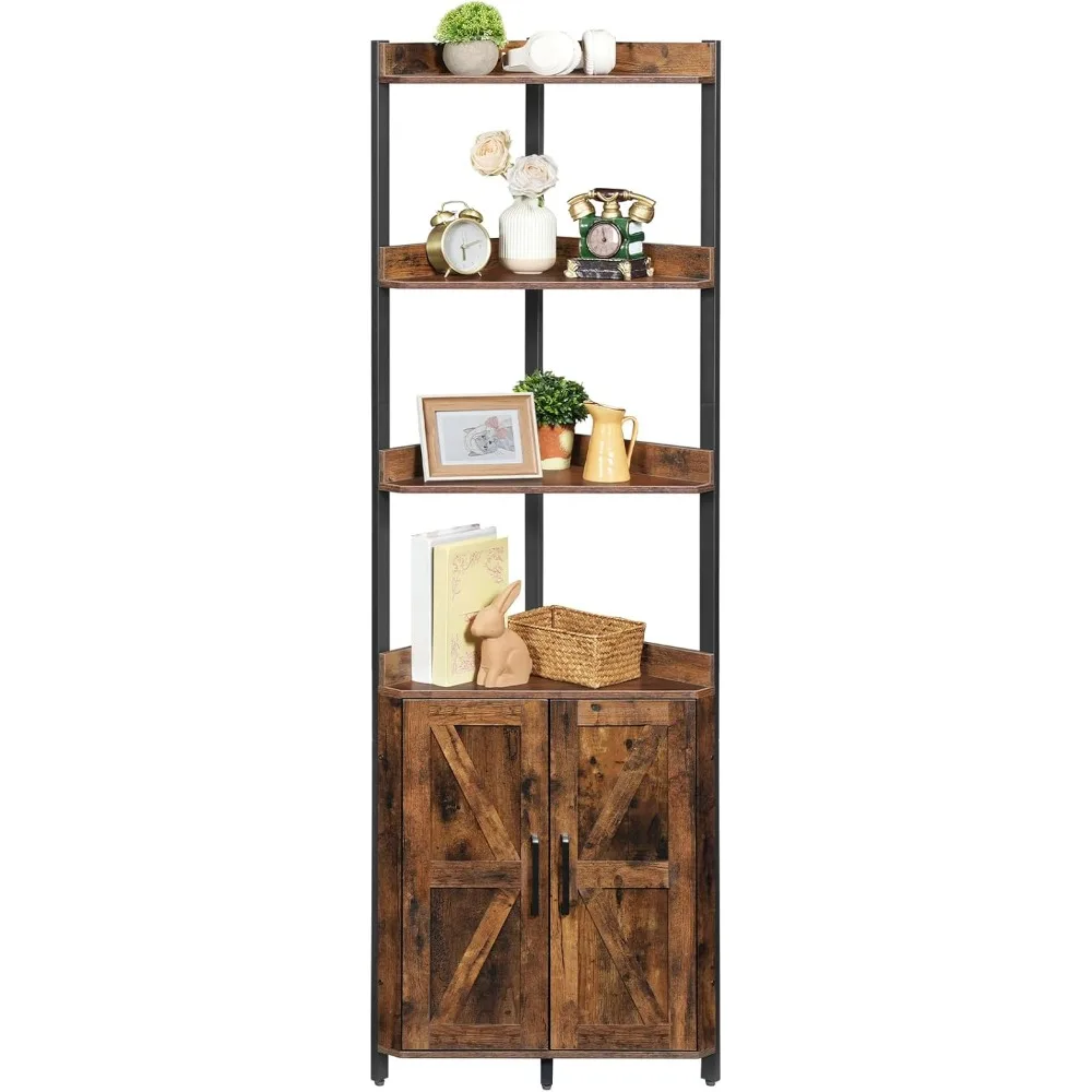 

5-Tier Tall Corner Bookshelf Stand with Storage and Protective Fence for Living Room