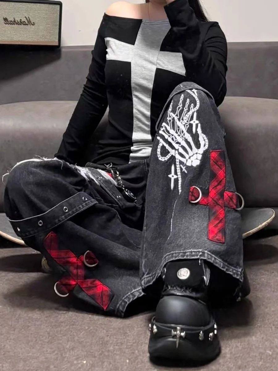 

Женские джинсы Bla Hole Ripped Denim с широкими штанинами, свободного кроя, в стиле Y2K, коллекция Visual Series, с высокой талией, винтажные, осенне-зимние