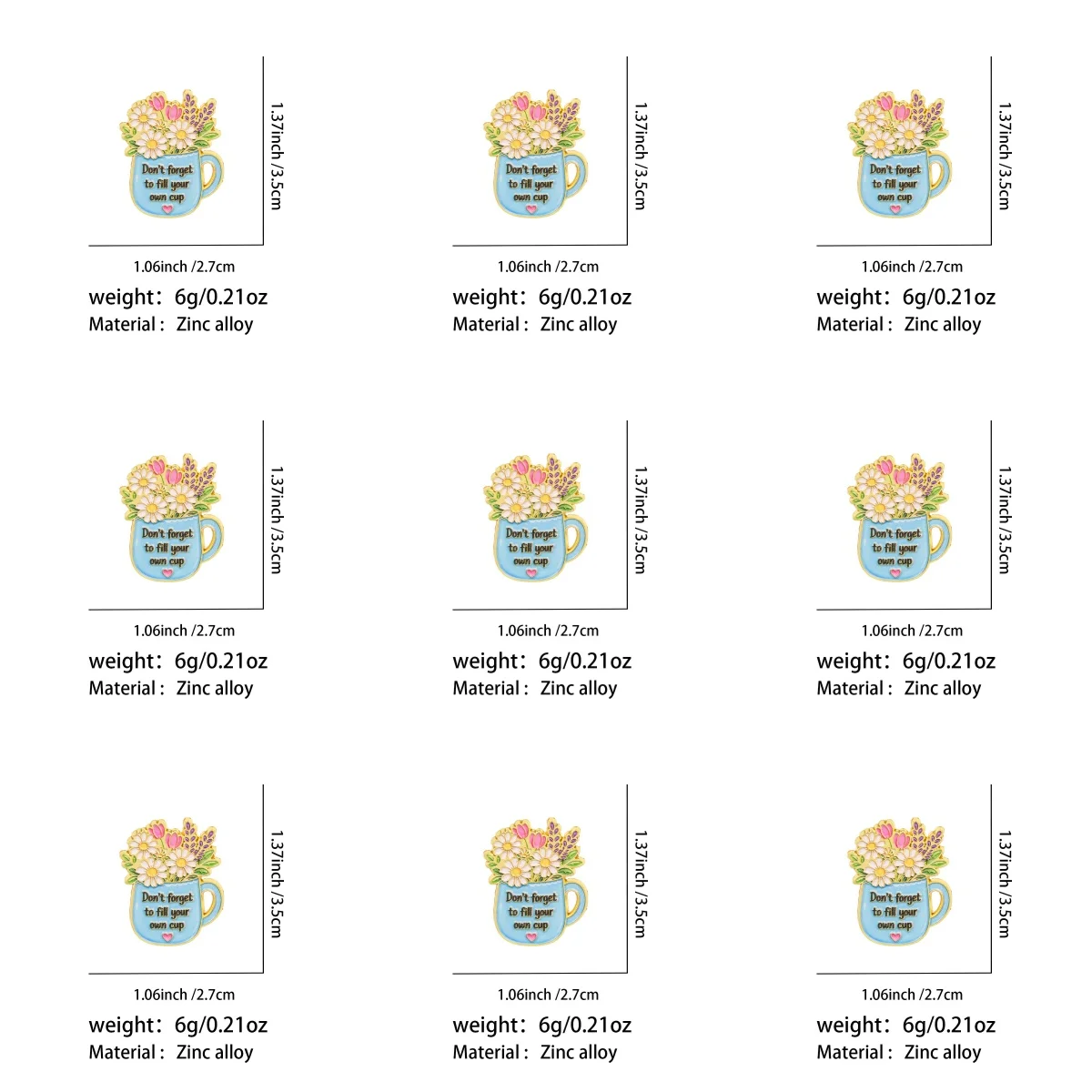 9 Stück Blumen-Tassen-Emaille-Anstecknadeln „Vergiss nicht, deine eigene Tasse zu füllen“ Zitate Reversnadel Blumen-Tassen-Abzeichen Rucksack Kleidung Dekoration Geschenk – Detail 1