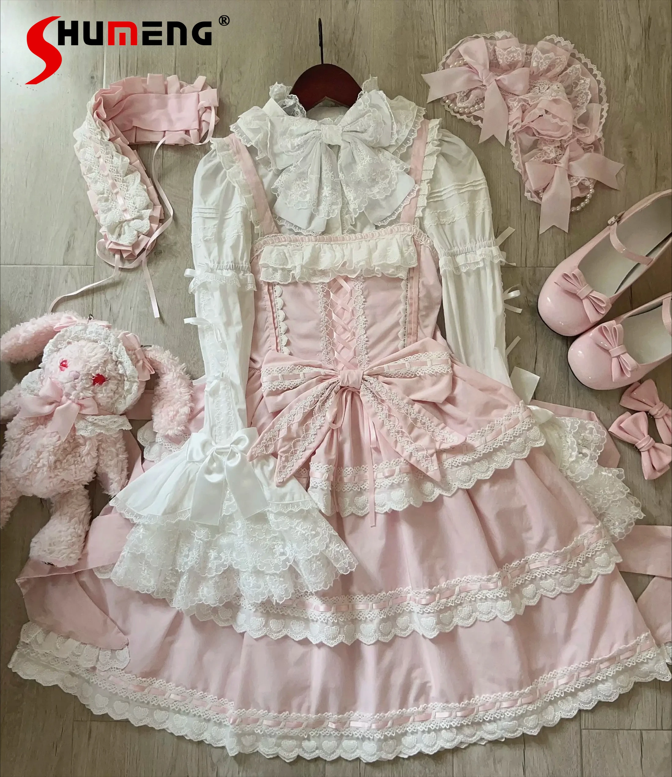 

Pink Lolita Dress JSK for Women Summer New Sweet Girls Cute Bow Lace Dress Set Women's Short Sleeve Shirt Top Clothes Vestido
