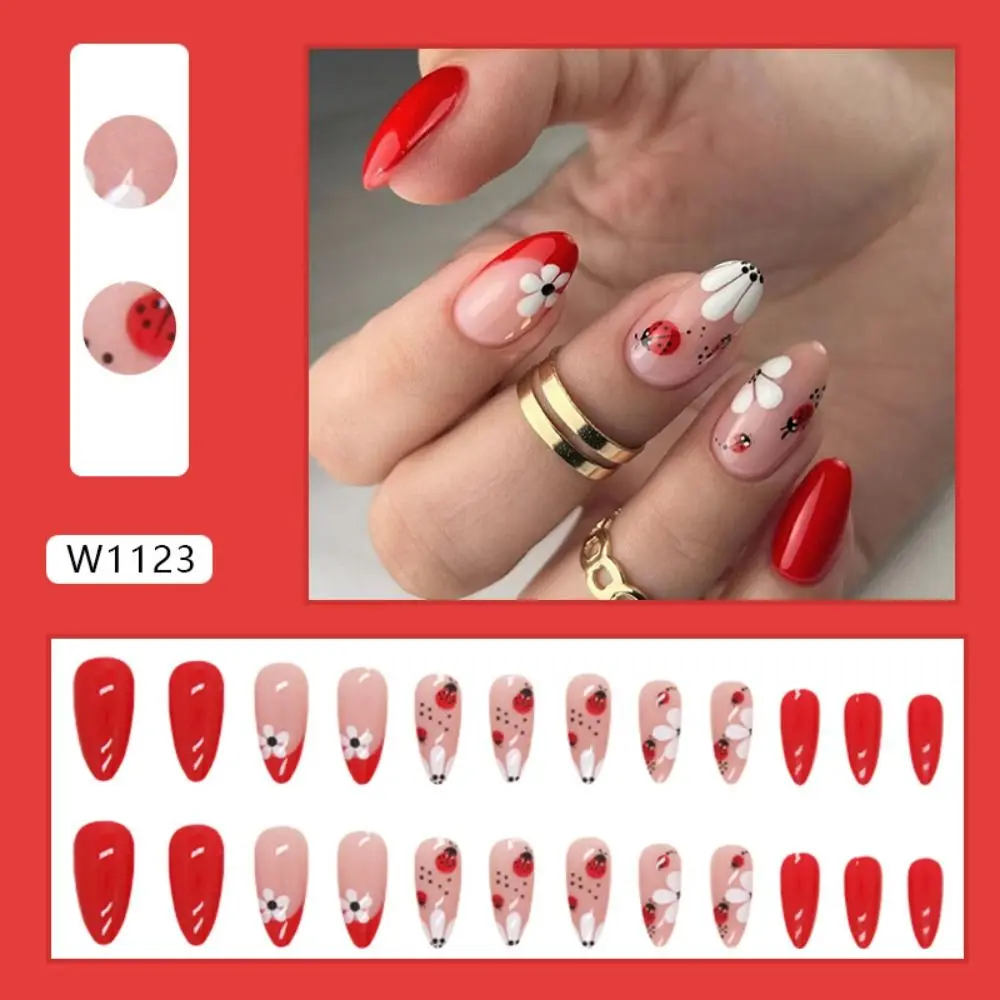 Detachable Short False Nails Cute Ladybug Almond Fake Nails Full Cover French Nail Tips for DIY