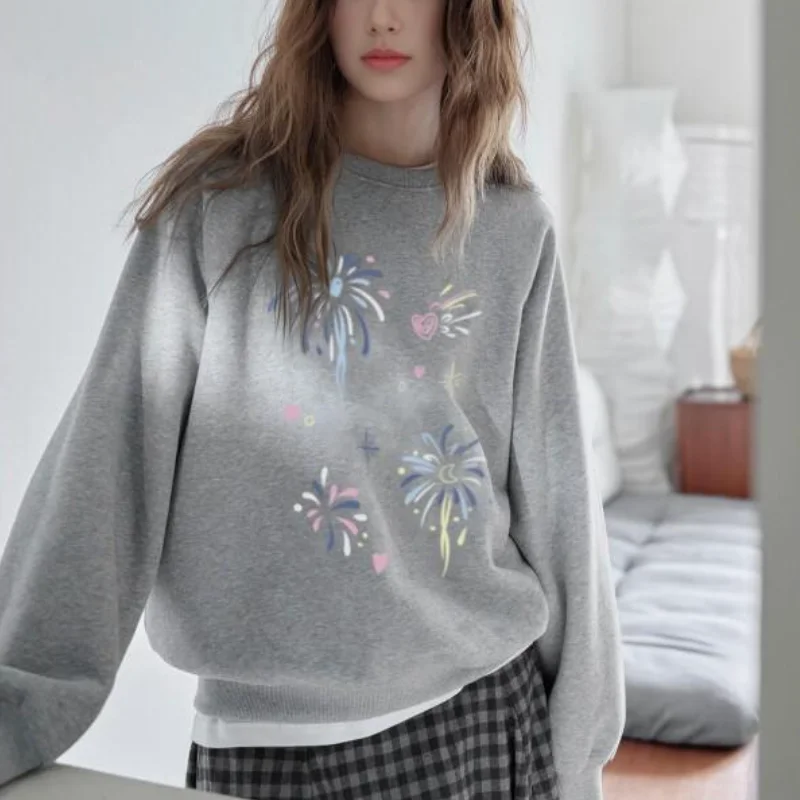 

Korean Style Creative Sweatshirt Fleece Lined Womens Early Spring Casual Colorful Print Round Neck Loose Long Sleeve Hoodie