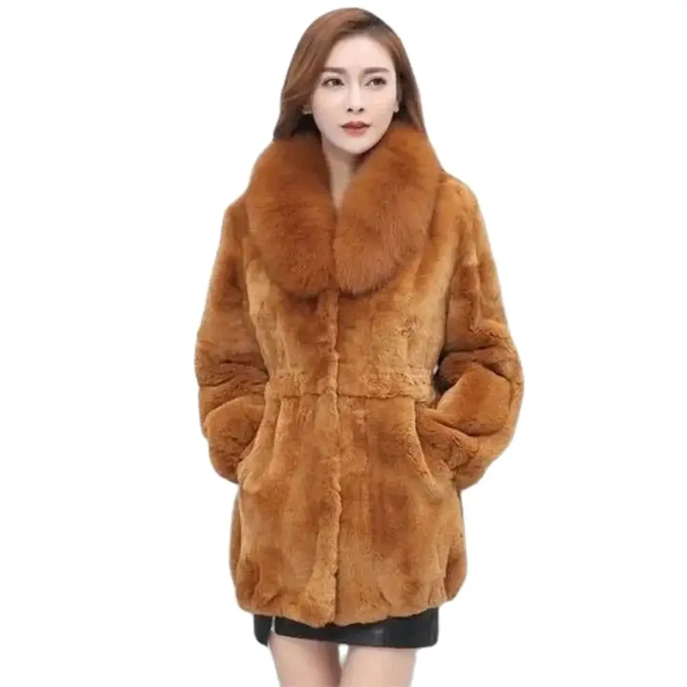 

Haining New Imitation Rex Rabbit Fur Fashion Coat Women's Long Fox Fur Collar Warm Coat For Middle-aged And Elderly Mothers.