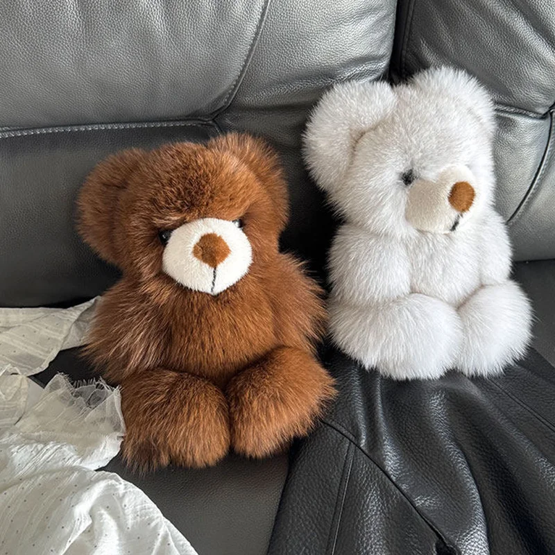 

Stuffed Animals Plush Little Bear keychain Real Fox Fur Doll Bear Plush Sitting Doll Couple Toy Soft Bear Bag Pendant keychain