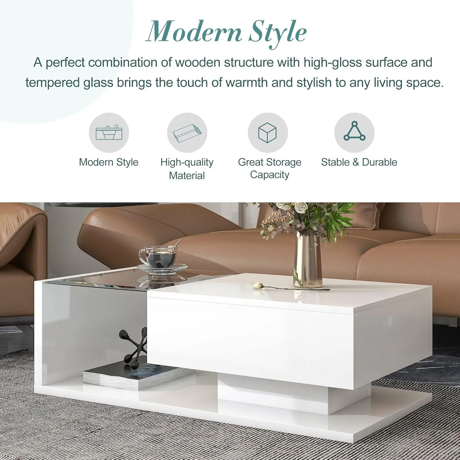 LUMISOL 2-Tier Rectangle Center Table withTempered Glass,High-Gloss UV Coffee Table,Wooden Cocktail Table for Living Room, White