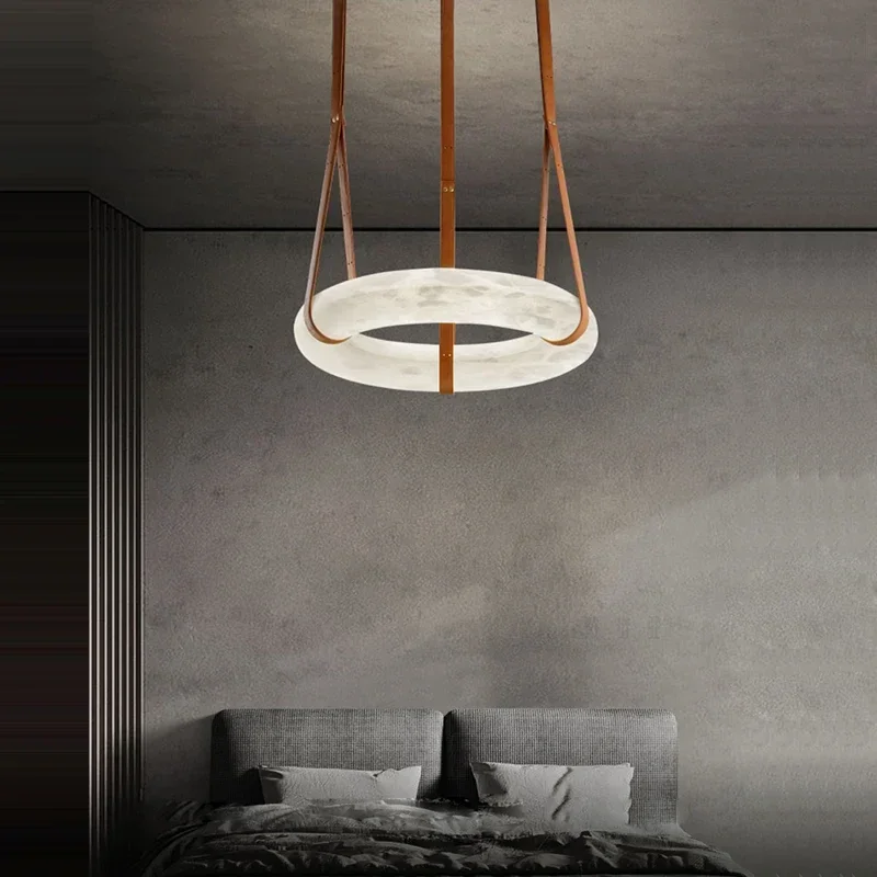 Marble Ring Brown Dark Leather Belt Pendant Light Lustre hanglamp Suspension Luminaire Lampen For Living Room indoor lighting