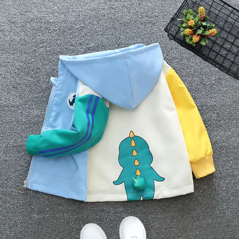 1 2 3 4 5 6 Years Boys Coats Patchwork Cartoon Dinosaur Pattern Hooded Windbreaker Leisure Overcoat For Kids Birthday Present