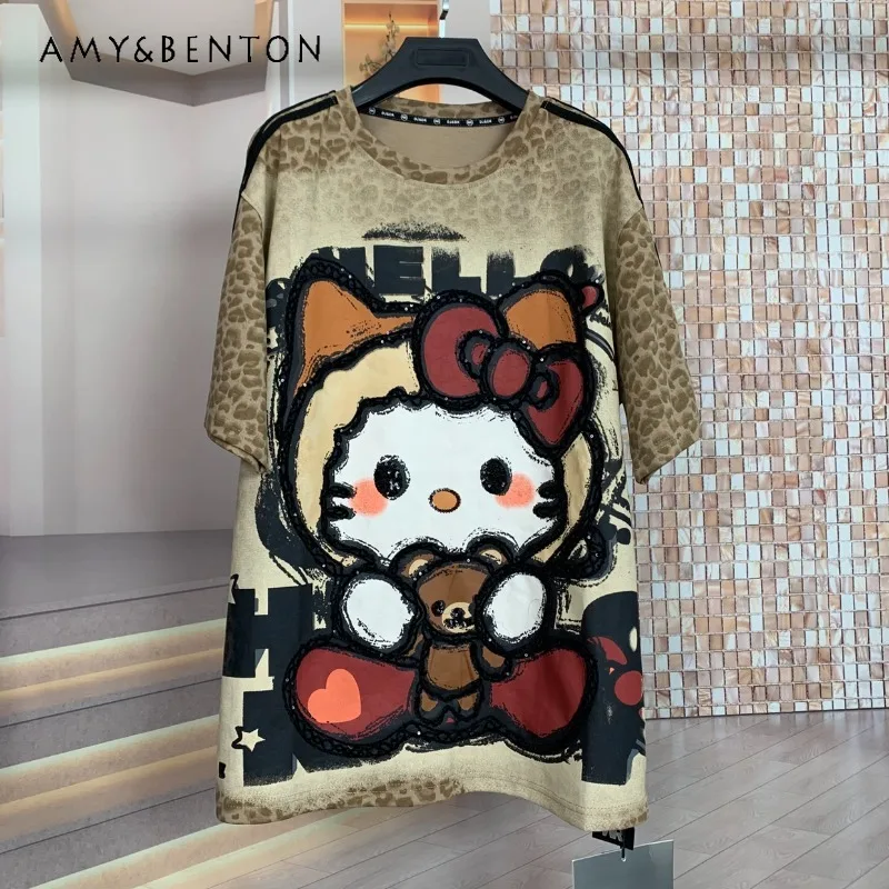 Kaos Trendy Motif Leopard Kartun Industri Berat, Model Longgar, Lengan Pendek, Penampil Awet Muda, Untuk Wanita