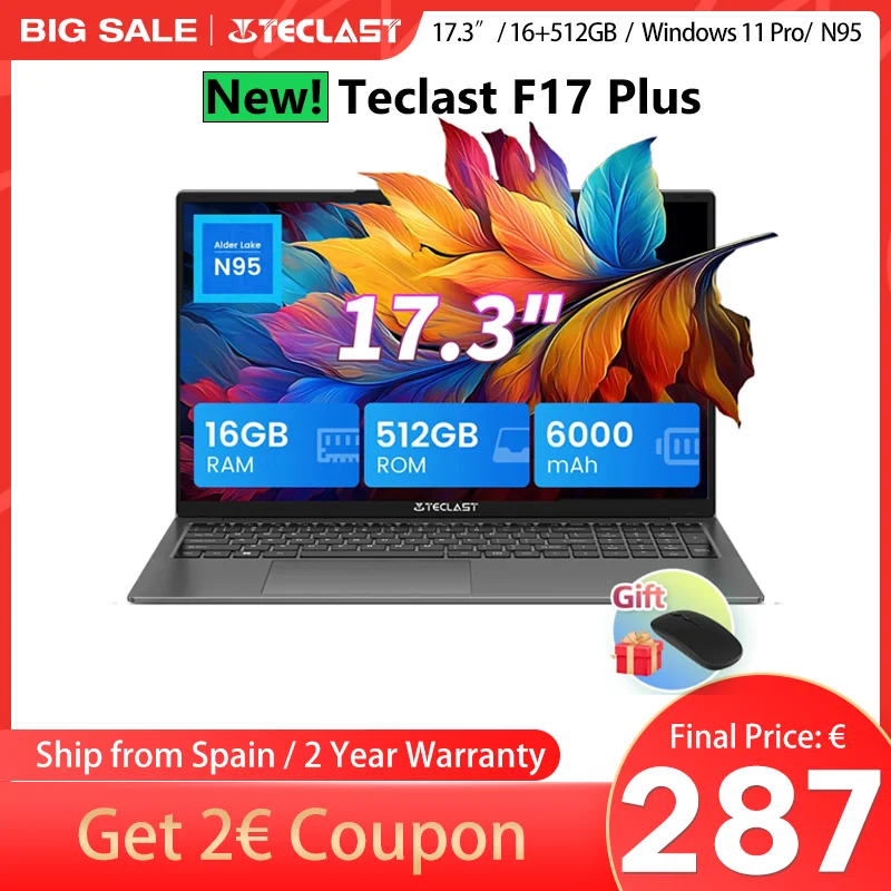 【New】 17,3 inch Teclast F17Plus laptop for Intel N95 16GB RAM 512GB SSD Windows 11 Notebook with 180 ° turn backlit keyboard mini-hdmi