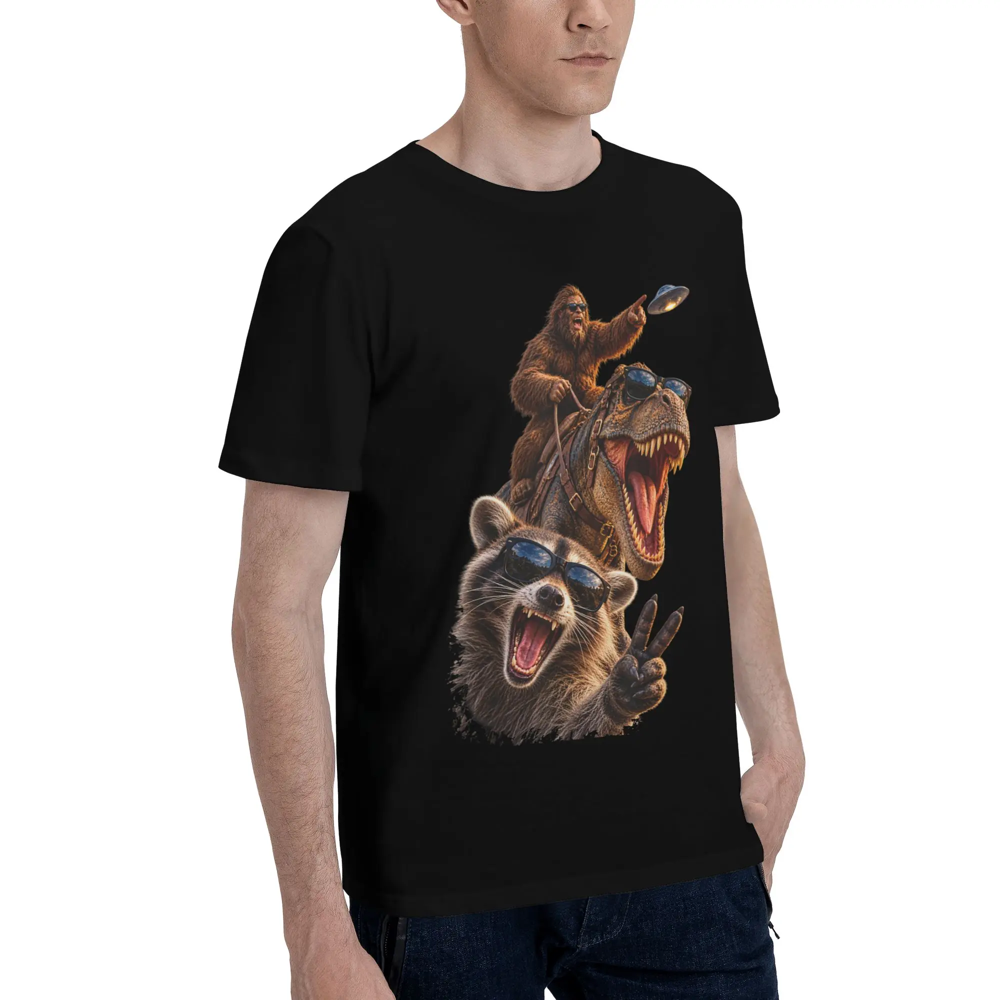 Funny Bigfoot Ride Dinosaur Raccoon New Arrival T Shirt Men Women  100% Cotton  Tee Shirt Clothing