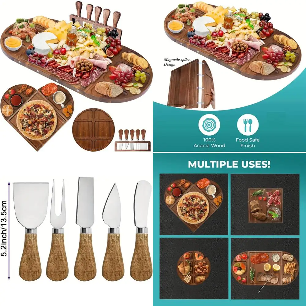 

Charcuterie Boards Set with 5-Piece Cheese Knives, Long and Round Magnetic Acacia Wood Boards for Grazing