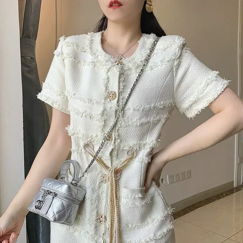 High Quality Fall Winter Fashion Women 2024 Cashmere Braid Tweed Button Pocket Pearls Chains Tassel Spliced Elegently Mini Dress