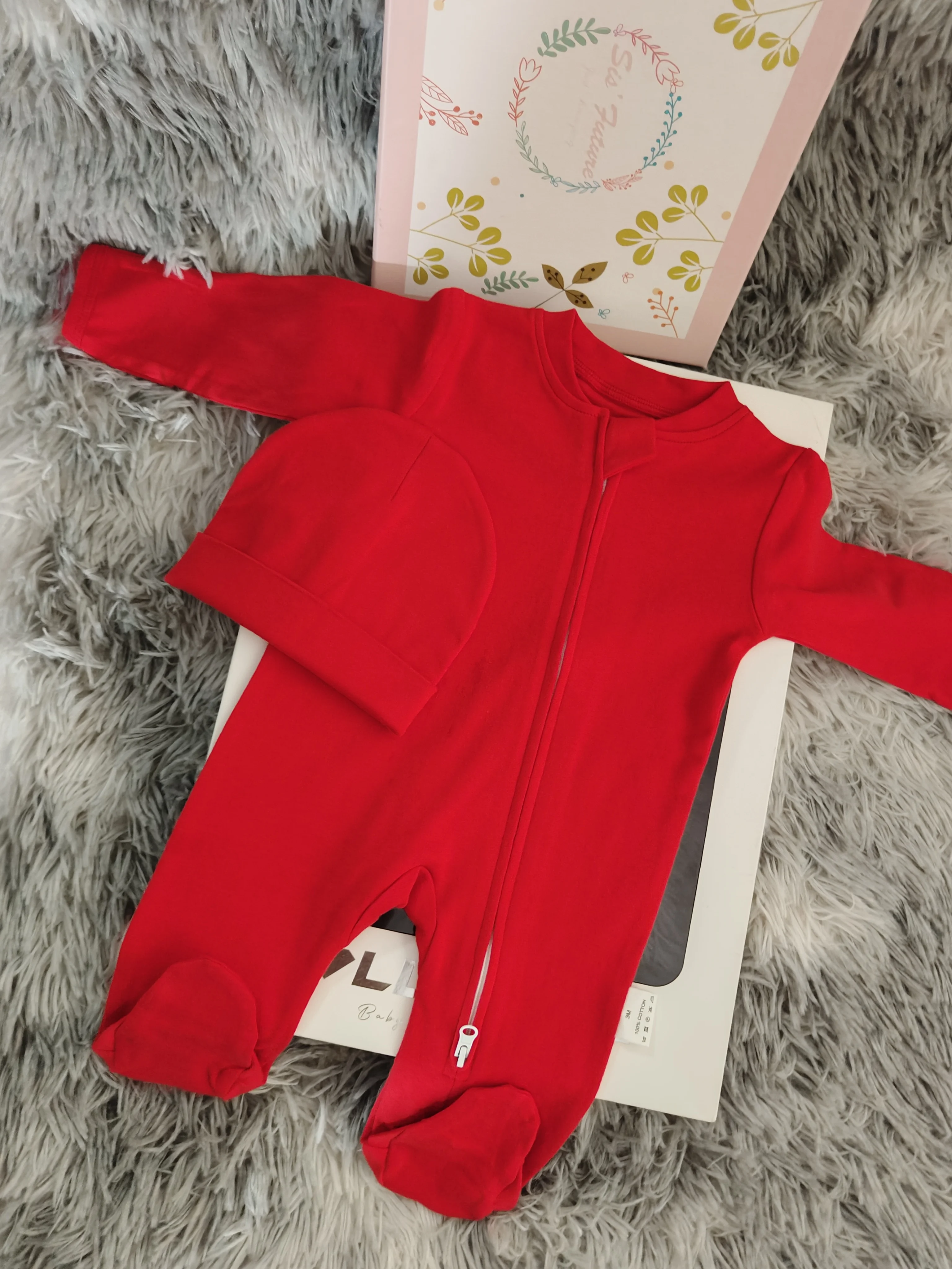 Christmas Baby Footed Romper with Hat 2Pcs Red Cotton Long Sleeve Zipper Jumpsuit Newborn Infant Toddler Outfit for Daily Wear