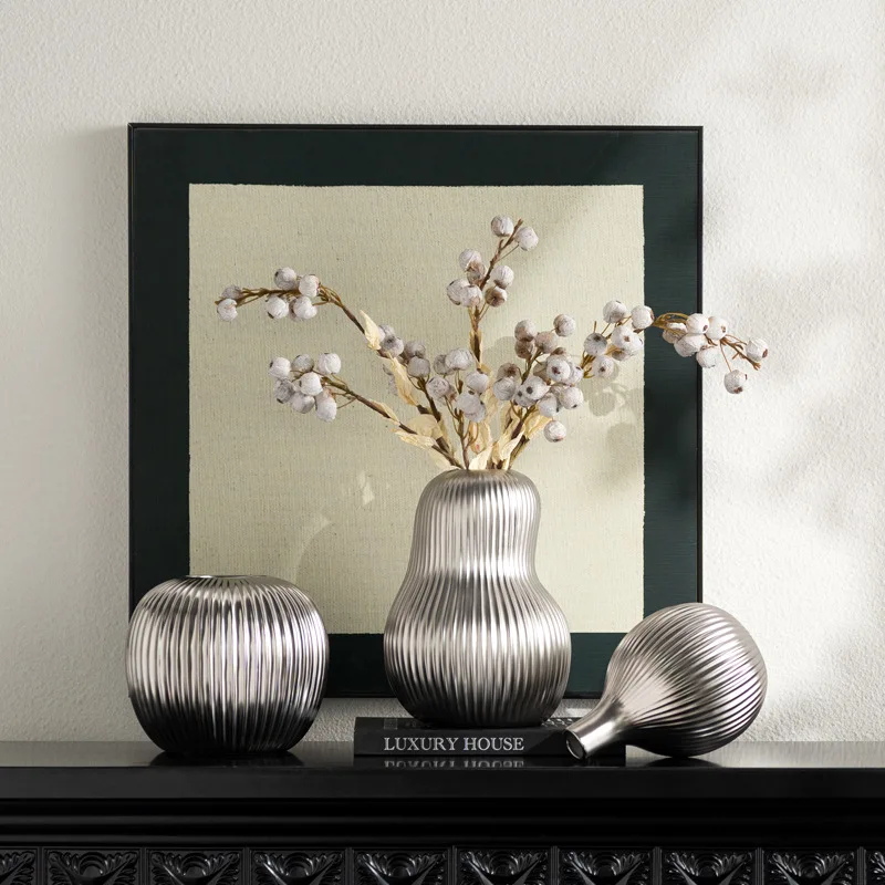 

PYH high-end modern light luxury matte silver striped ceramic vase living room soft decoration ornament