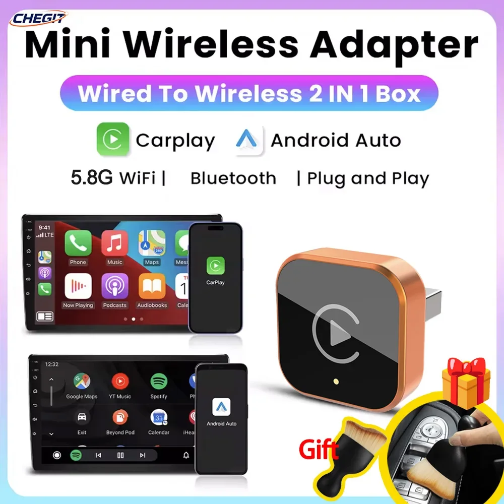 

Беспроводной адаптер 2-в-1 для CarPlay и Android Auto, умный мини-бокс, подключение Plug and Play, быстрое подключение по Wi-Fi 5.8G, универсальный, с подарком