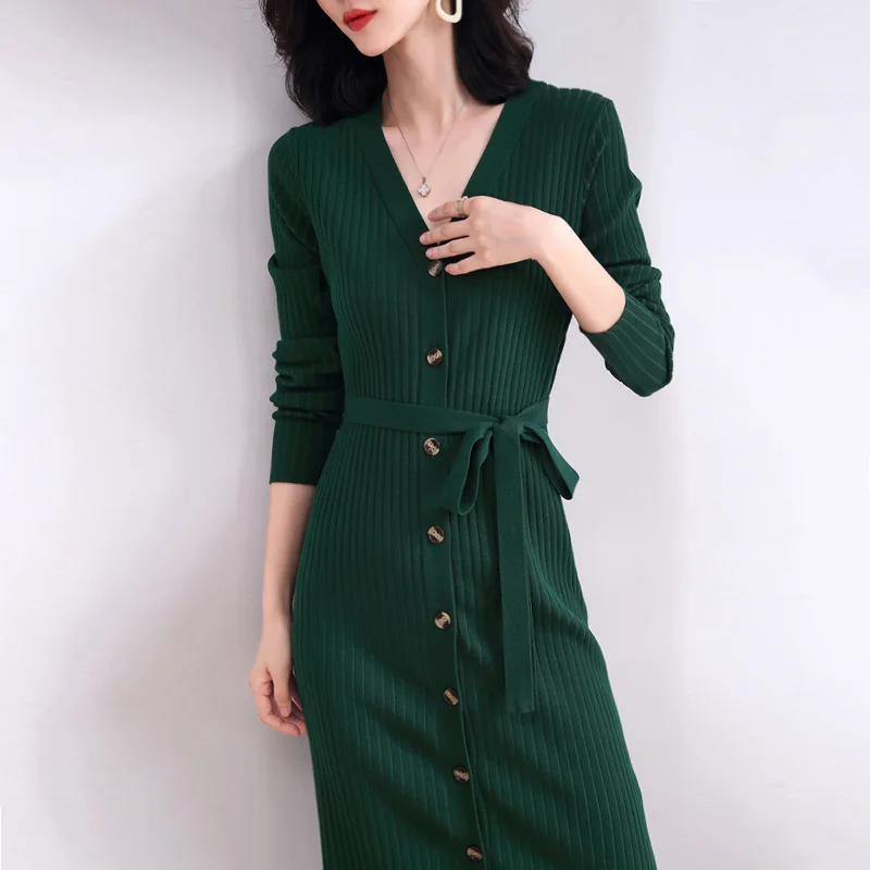 Retro-style Long Knee-length Dress Spring and Autumn New Waist Slimming Single-breasted Sweater Dress