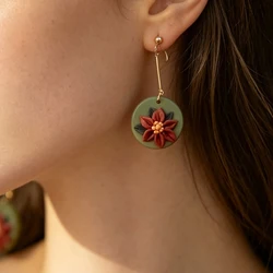 Handmade Polymer Clay Christmas Earrings Set Multi-Color Floral Shapes Dangle Jewelry for Women Holiday Crafted Accessory
