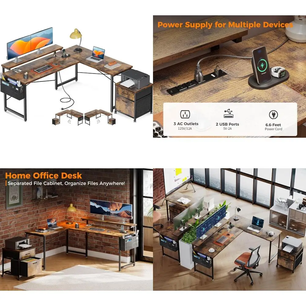 

55-inch L-Shaped Desk with 2 Drawers, File Cabinet, Power Outlet, and Adjustable Monitor Stand