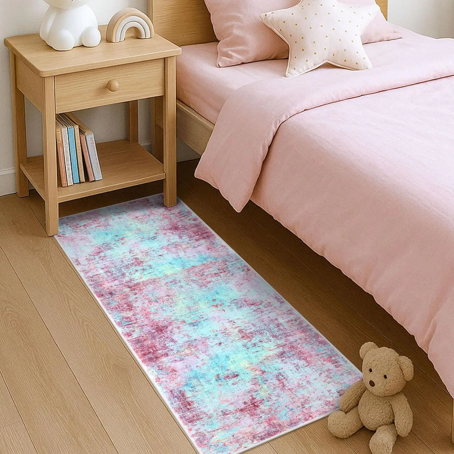 Machine Washable Blush Pink Sky for Girls Bedroom Ofiice Runner Non-Slip,Soft Hallway Rug Runner Thin Print Faux Wool Carpet for