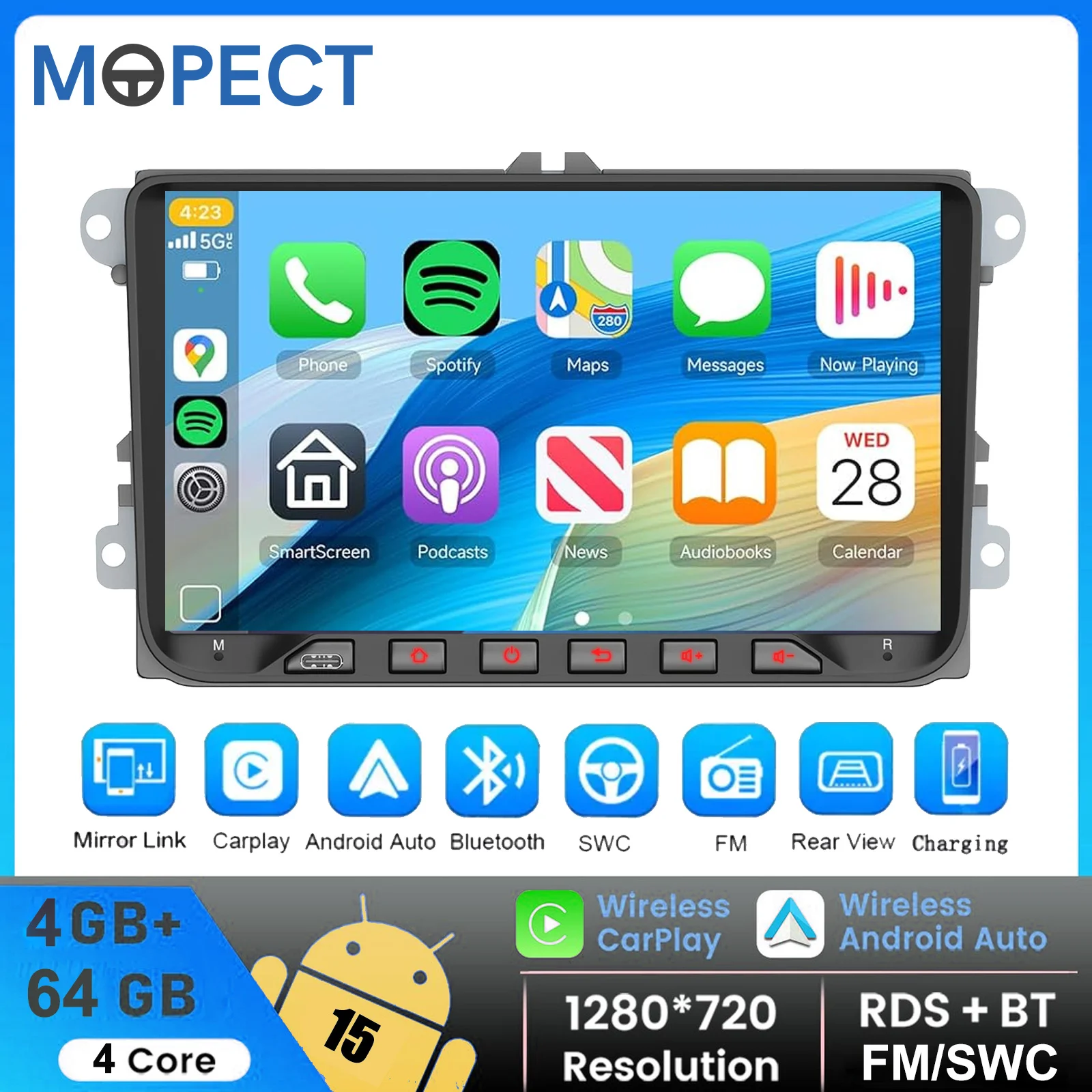 MOPECT 9 Zoll Android Auto Radio Carplay für VW Volkswagen Jetta Passat Golf Polo 9 Zoll für Auto-Stereoanlage GPS Wifi FM Audio Receiver Multimedia-Player