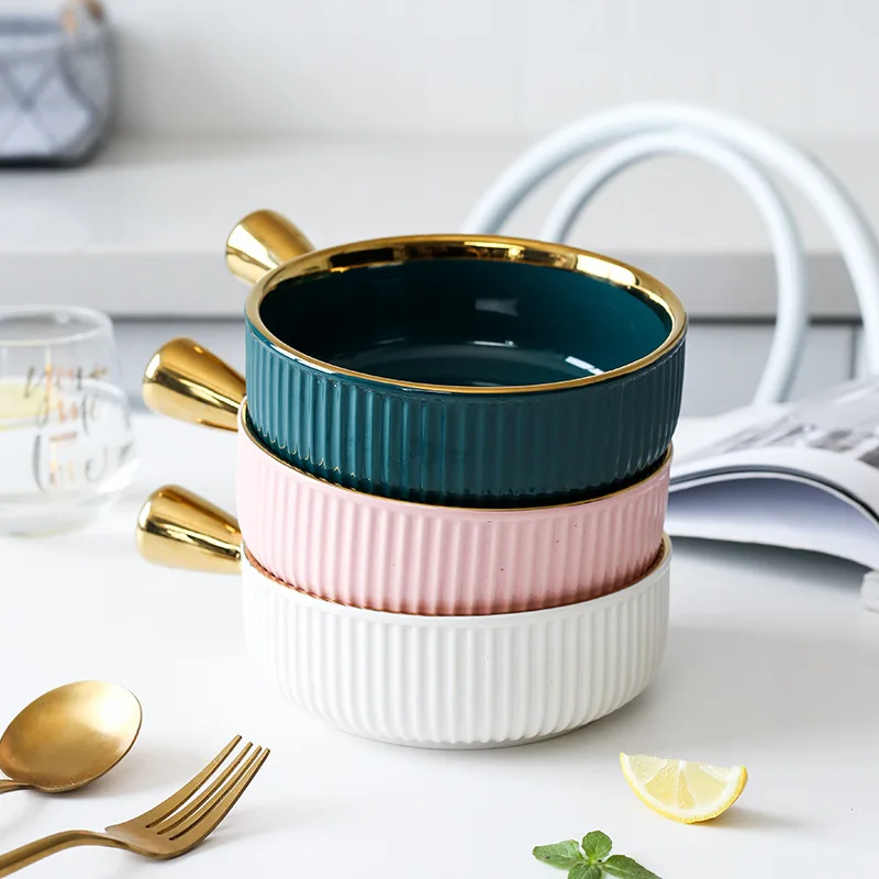 

Ceramic Gold Edge Handle Bowl Nordic Green Creative Fruit Salad Bowl Porcelain Tableware Kitchen Dessert Bread Breakfast Plate