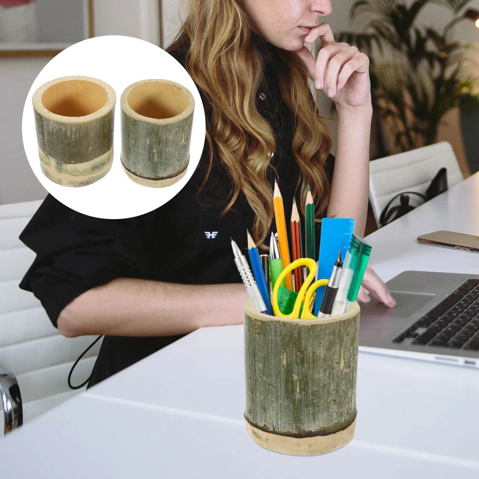 2 قطعة حامل قلم سطح المكتب من الخيزران سعة كبيرة منظم أقلام الرصاص مكتب القرطاسية تخزين الحاويات حامل قلم أشتات المنظم #4