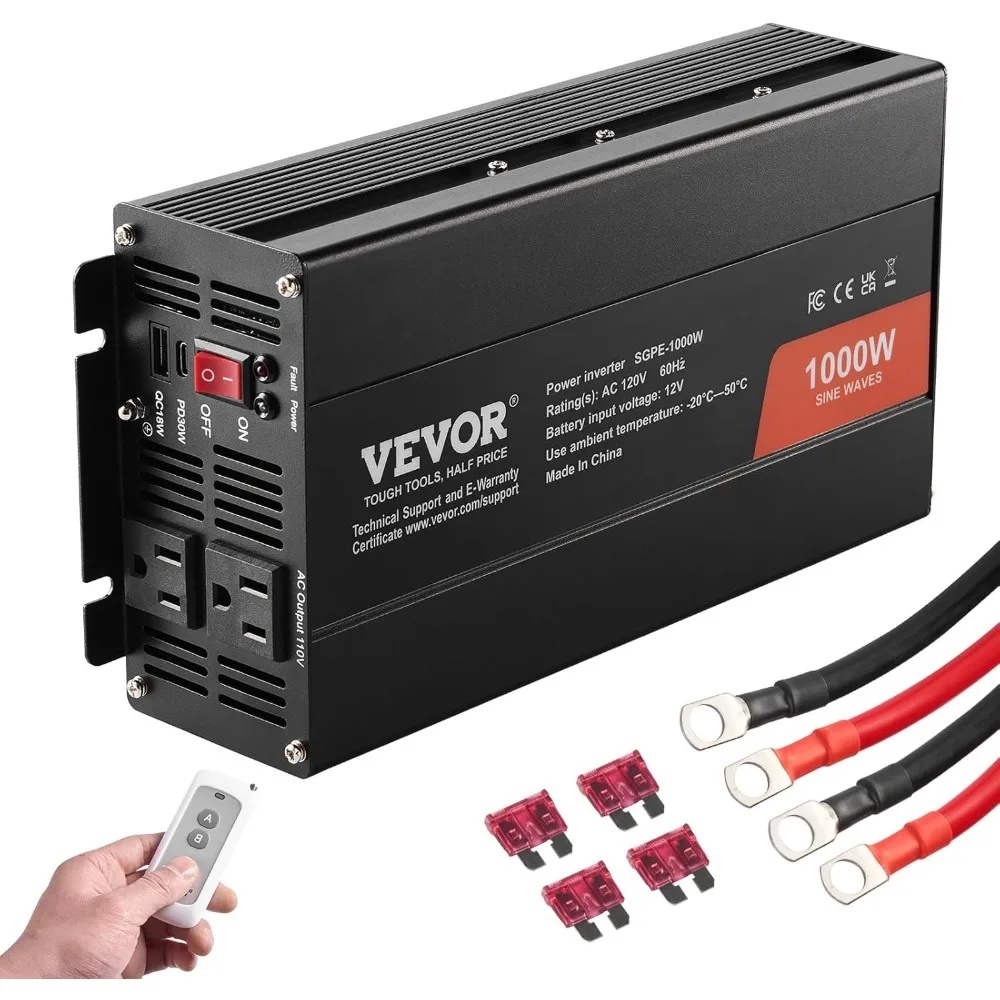 

1000W Pure Sine Wave Inverter Converts 12V DC to 120V AC, Featuring Dual AC Outlets, USB and Type-C Ports, and Remote Control Fu