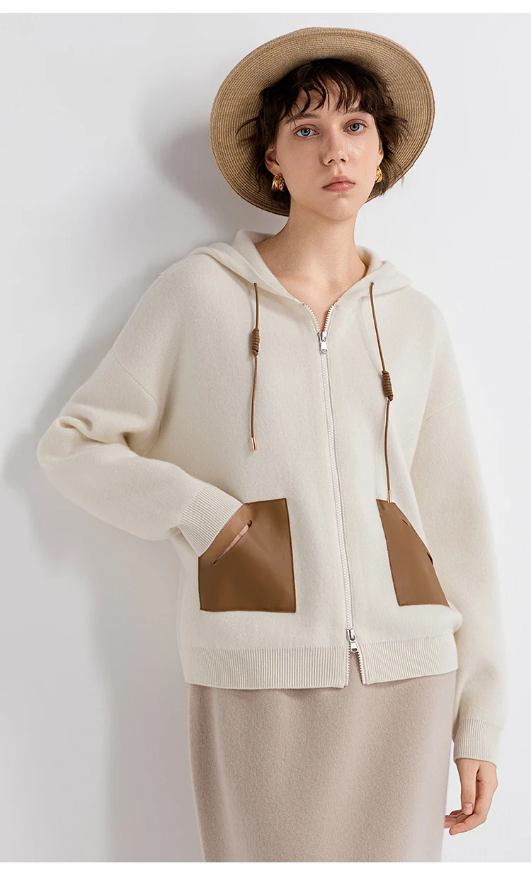 TY862141 Damen Kapuzen-Reißverschluss-Strickjacke aus Wolle-Kaschmir-Mischung, 100% Schafsleder, Tasche, Kordelzug, gerippte Manschette, LP Old Money – Detail 3