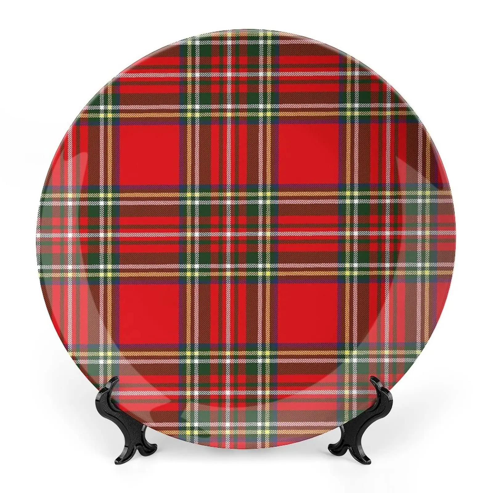 Red Plaid Dinner Plate, Western Tartan Vintage Classical Print Ceramic Wall Hanging for Home Office Party Dinner Table Decor