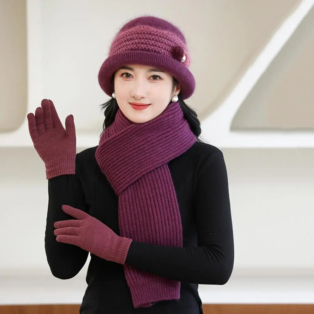 

3 Pcs/Set Winter Mid-aged Women Beanie Scarf Gloves Set Faux Rabbit Fur Knitted Cap Gloves Neck Wrap Set For Outdoor/Cycling