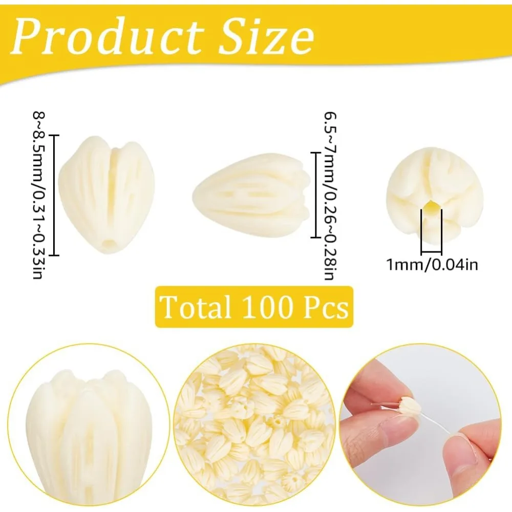 1 Box 100Pcs 8mm Flowers Beads Light Yellow Flower Beads Bulk Coral Jasmine Beige Dyed 3D Carved Spacers for Jewelry