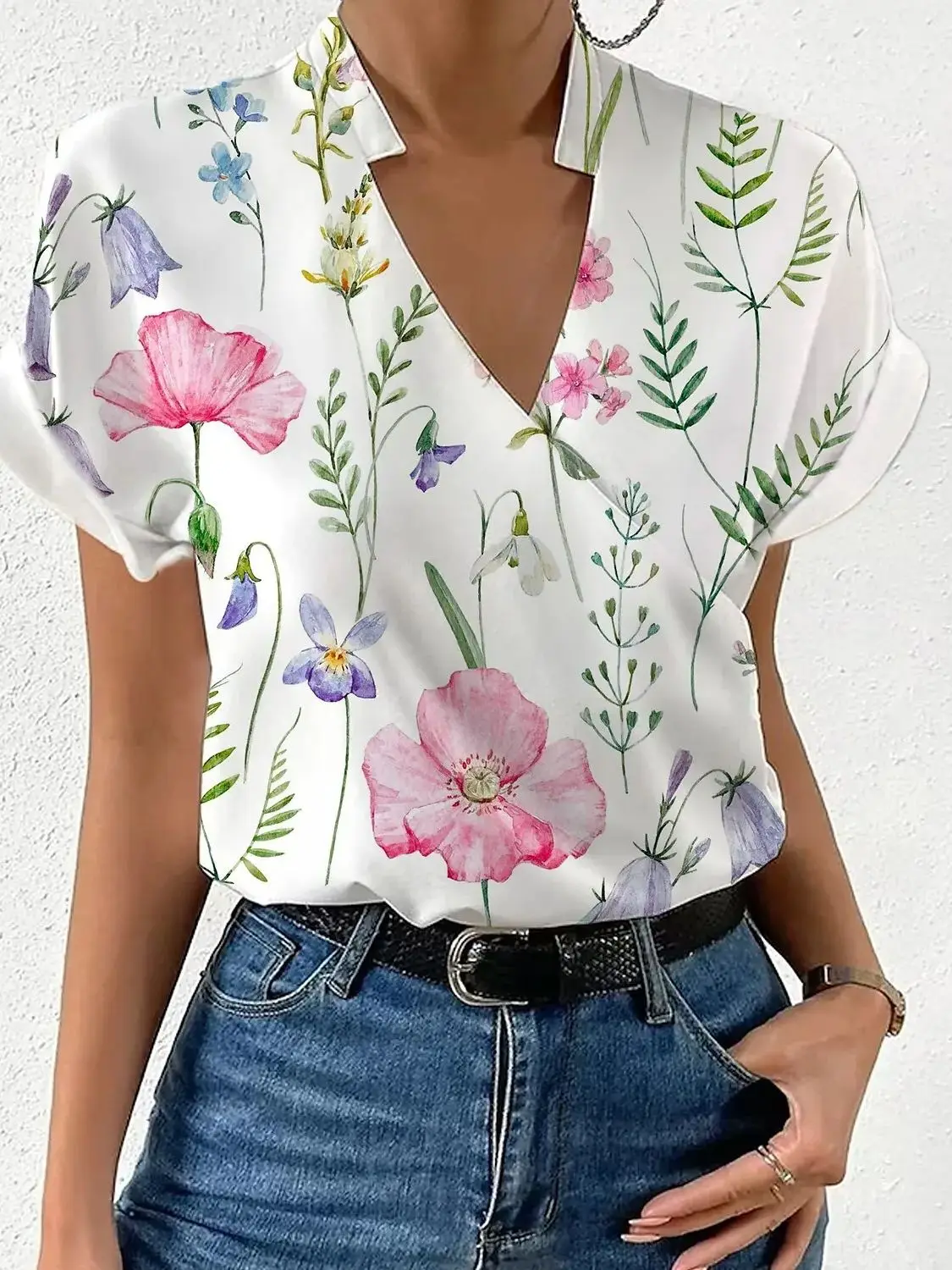 Elegant Blouse Printed Short Sleeve Shirts 2024 Summer Office Lady Cross V-Neck Flower Shirt S-XXL