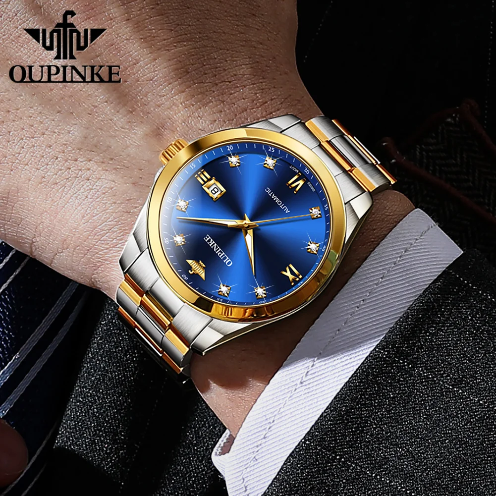 OUPINKE 3199 ساعة ماسية حقيقية للرجال الراقية حركة سويسرية ساعة ميكانيكية أوتوماتيكية للرجال ماركة فاخرة ساعة رجالية هدية Reloj