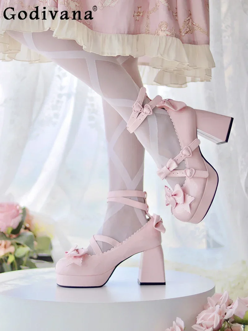 

Japanese Sweet Bow Red Lolita High Heels Girls Summer New Fashion Elegant All-Match Mary Jane Shoes Women Wedding Shoes Bride