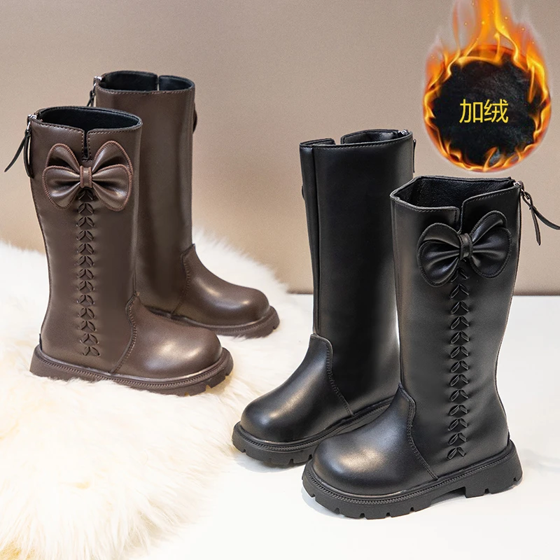 

2025 детские высокие сапоги, весенне-осенняя элегантная детская обувь для девочек, модные рыцарские сапоги, повседневные кожаные сапоги принцессы с бантом