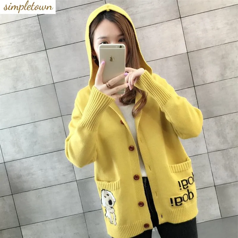 

Korean Version Autumn and Winter Clothing Women's Loose and Versatile Slimming Pocket Knit Sweater Loose Hooded Cardigan Sweater