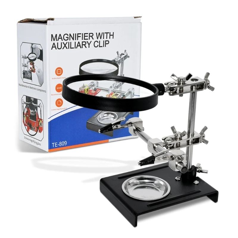 

Upgraded Helping Hands Magnifier Soldering Station 5X Glass Stand with Auxiliary Clip for Motherboards Repair