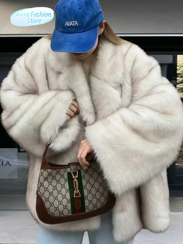 

Women High Collar Fake Fur Wool Overcoat Fashion Long Sleeve Thickened Warm Coat 2025 Lady Autumn New High Street Loose Outfit