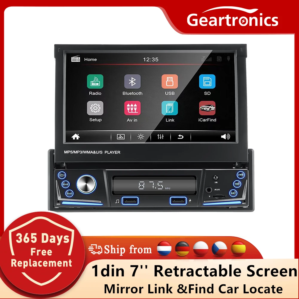 1 DIN Car Stereo 7 Inch Retractable Screen Car Radio MP5 Player FM Radio Receiver Bluetooth Streaming Screen Mirroring