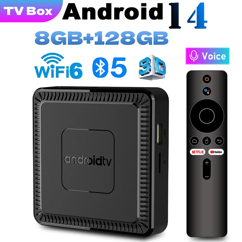 2025 nuevo Q7 Smart TV Box Android14 Allwinner H313 8G + 128GB ROM WiFi de doble banda 6 Bluetooth 5,2 reproductor multimedia remoto por voz de Google