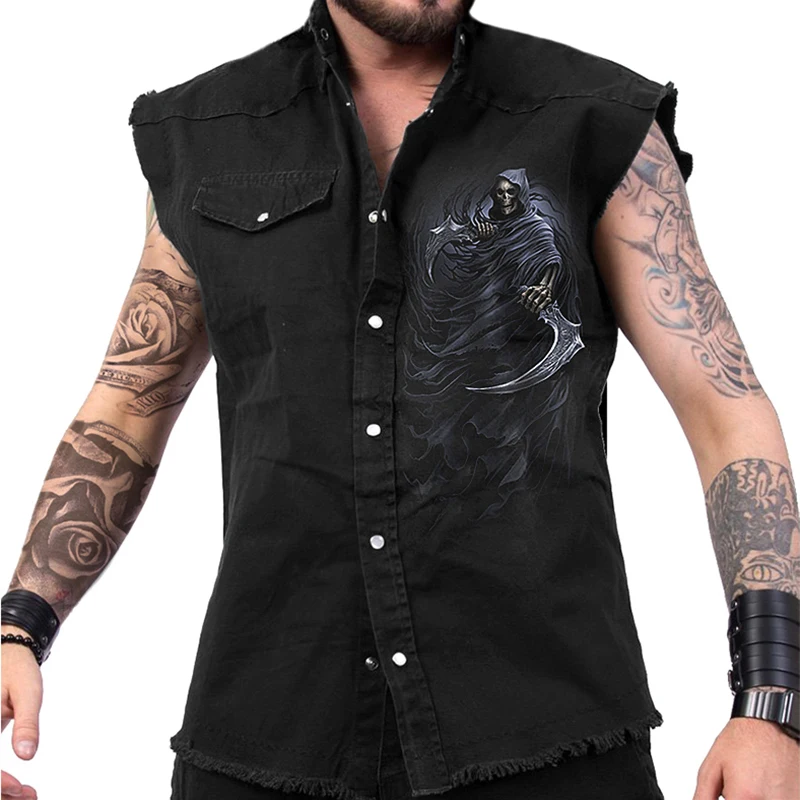 Men\'s Denim Blouse Retro 3D Skull Graphic Print Sleeveless Shirt Fashion Pocket Decor Turn-down Button Sleeveless Shirt