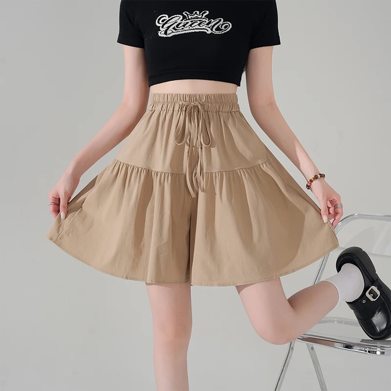 

Женские летние шорты цвета хаки, армейские зеленые, черные шорты-карго, модные многоярусные плиссированные широкие шорты в Корейском стиле, полубрюки с высокой талией