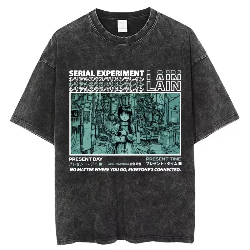 Japanese Anime Serial Experiments Lain Vintage Washed T Shirt Summer Men Women T Shirt Cotton Harajuku Casual Short Sleeve Tees