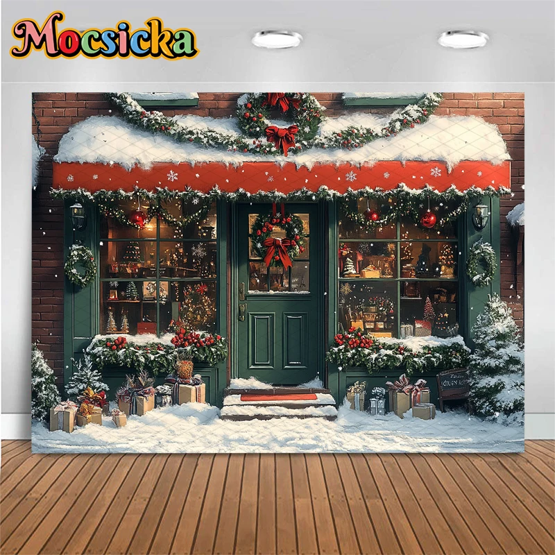 

Mocsicka Christmas Photography Backgrounds Green House Tree Party Photo Studio Backdrop Snowflakes Red Bow Door Decors Wallpaper