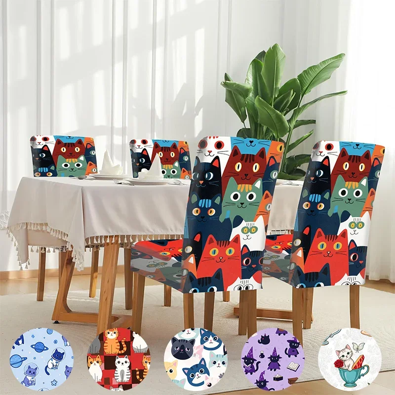 

Elastic Dining Chair Cover Colorful Cat Cartoon Pattern Fun Repeat Printing Removable, Home Dining Chair Cover