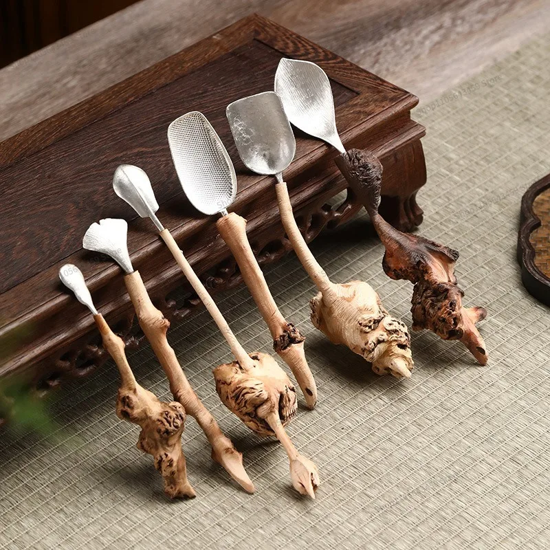 Wood tree nodule tin teaspoon, pure tin tea dial, original solid wood tea grill, Zen tea ceremony accessories