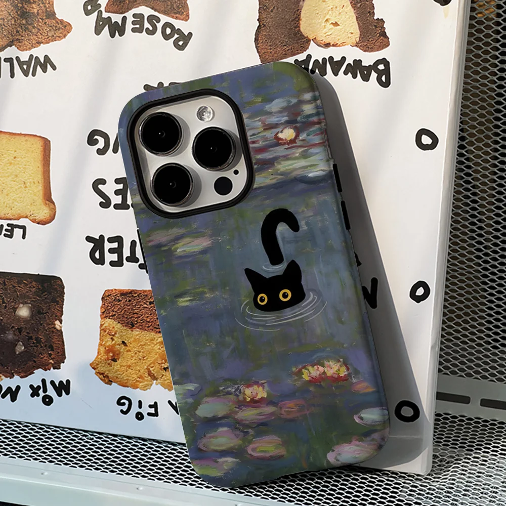 

Чехол для телефона с кошачьим принтом Моне и водяными лилиями, пленочный чехол для iPhone 16, 15, 14, 13, 12, 11 Pro Max Plus